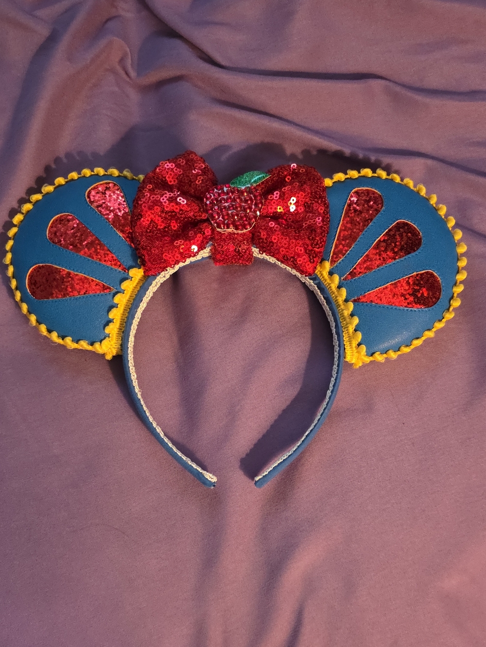 Snow White Inspired Blue & Red Sequin Ear Headband Costume Accessory